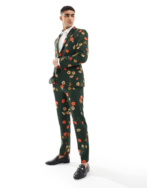 ASOS DESIGN slim suit in floral print in green | ASOS