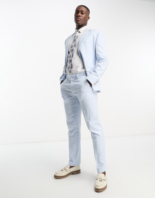 ASOS DESIGN slim suit in linen in puppytooth in blue