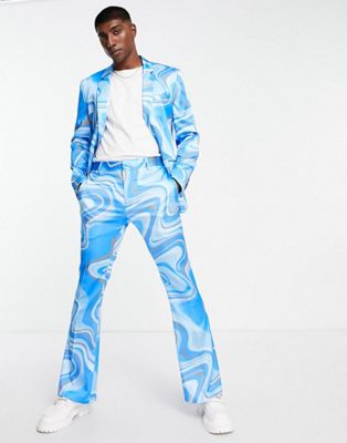 ASOS DESIGN flare suit trousers in tonal blue print