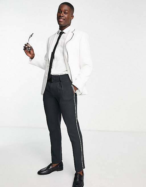 ASOS DESIGN slim suit in white texture with black piping | ASOS