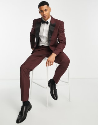 ASOS DESIGN slim tuxedo suit in burgundy