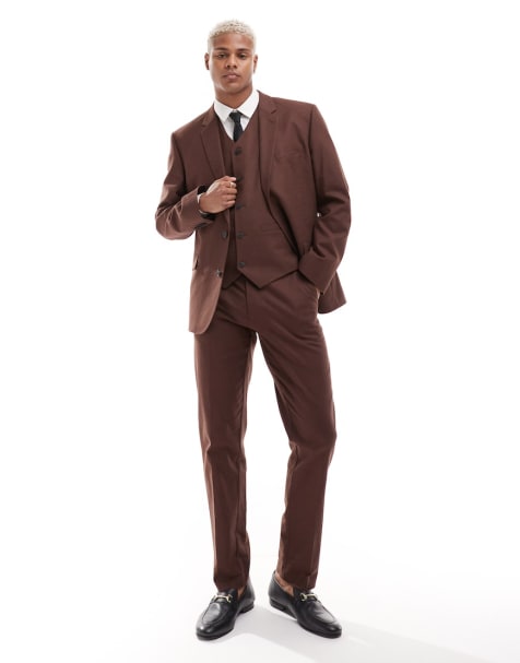 ASOS DESIGN slim with linen suit in brown - view 1
