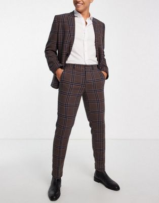 ASOS DESIGN slim wool mix suit in brown and dark teal large dogtooth check