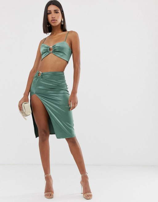 ASOS DESIGN slinky pencil skirt and bralette two-piece in khaki