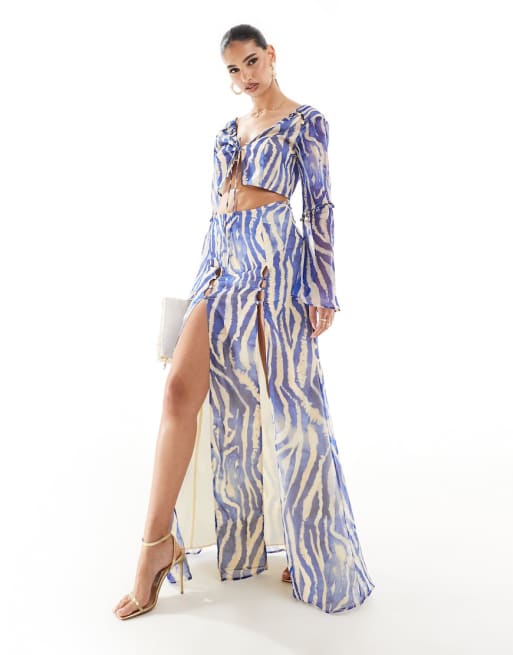 ASOS DESIGN slit front button detail maxi skirt & soft ruffle top set in blue zebra