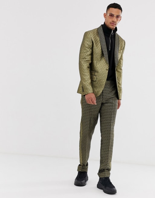 ASOS DESIGN - Smal smokingkostuum van goudkleurige diamant jacquard