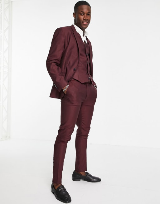 ASOS DESIGN smart oxford skinny waistcoat in burgundy