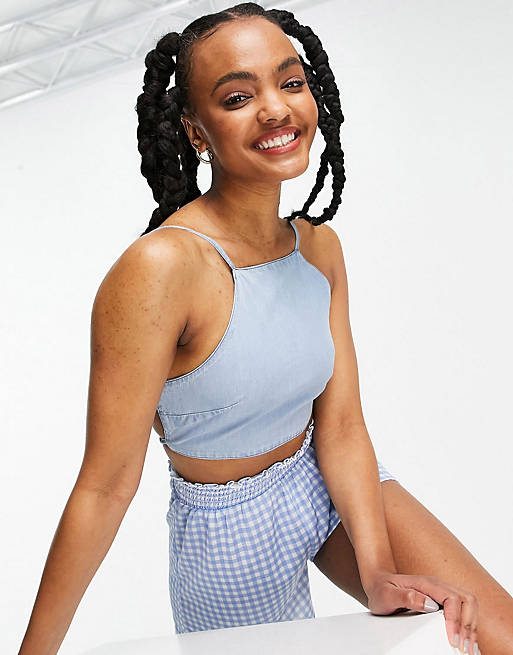 ASOS DESIGN soft denim crop top and skirt co-ord in midwash