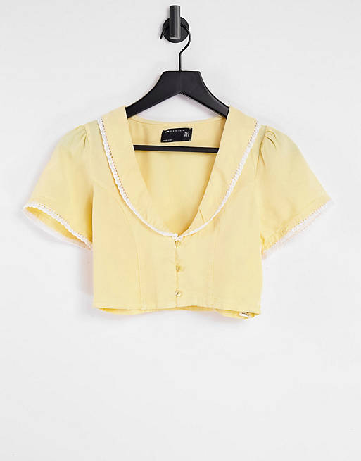 ASOS DESIGN soft denim lace trim blouse and skirt co-ord in yellow