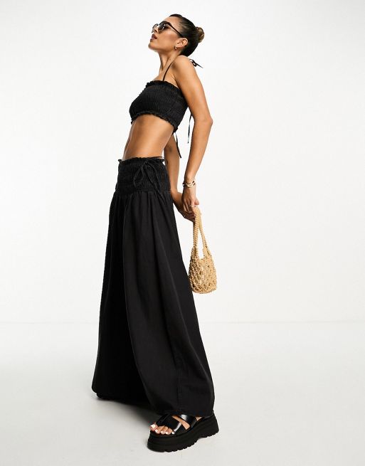 FhyzicsShops DESIGN soft denim ruched top & skirt set in washed black