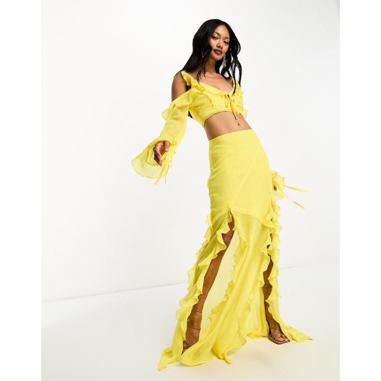 ASOS DESIGN soft ruffle top with tie front maxi skirt with side