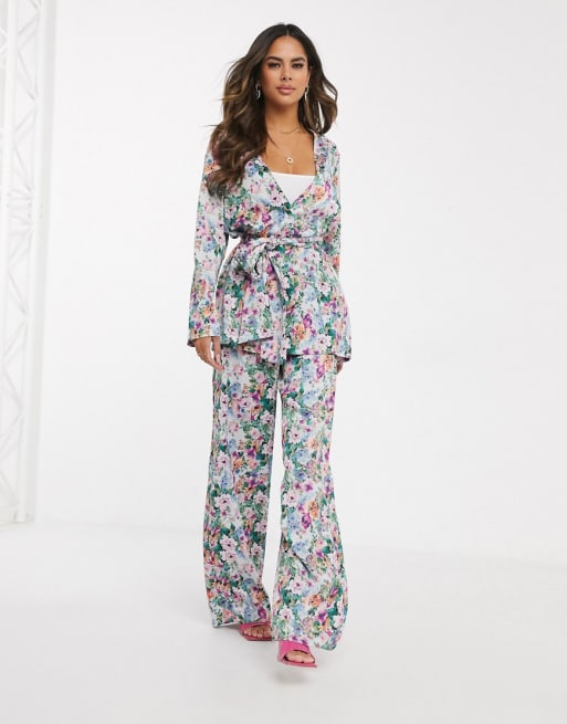 ASOS DESIGN soft satin suit wide leg trousers in floral