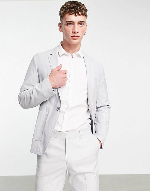 ASOS DESIGN soft tailored skinny suit jacket in light blue pin stripe