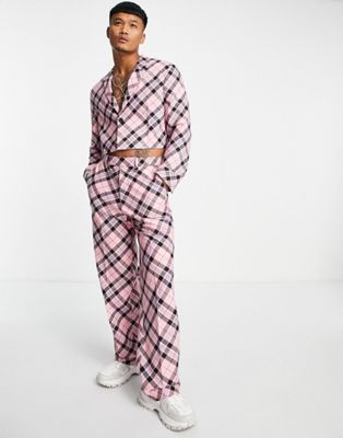 ASOS DESIGN wide leg suit trousers with bias tartan check in pink
