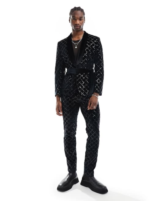 ASOS DESIGN - Sort og skinny jakkesæt med diamantformede pailletter
