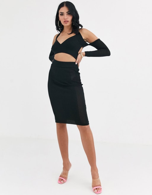 ASOS DESIGN - Sæt med strikket midinederdel med netdetalje og strikket top