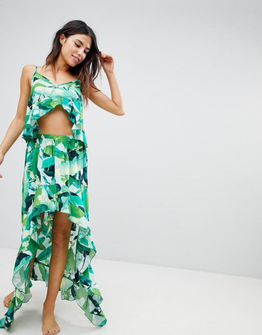 ASOS DESIGN – Strandset mit nach hinten abfallendem Saum und tropischem Palmenmuster
