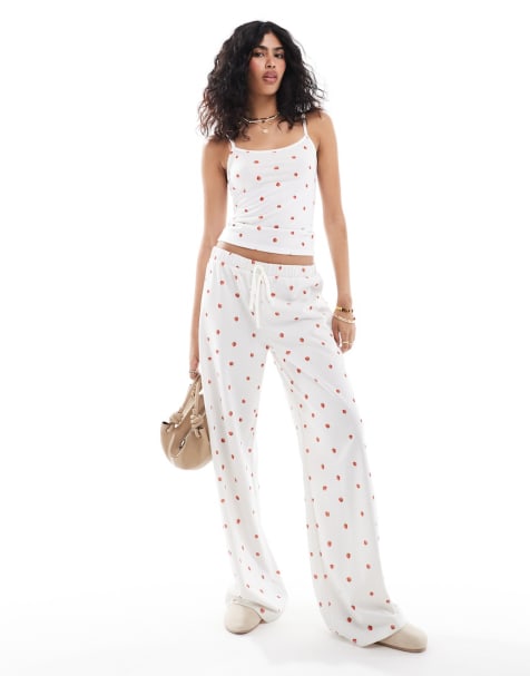 ASOS DESIGN strawberry ditsy cami top and wide leg trousers in white - view 1