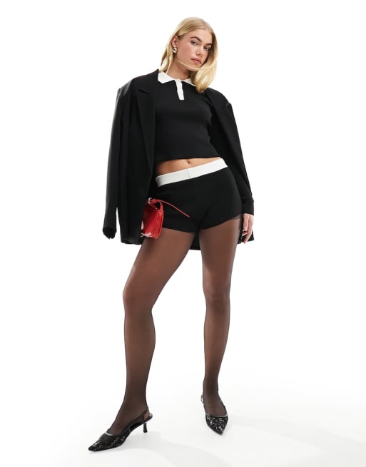 ASOS DESIGN - Strikket sort sæt med shorts og top med krave og kontrastkant