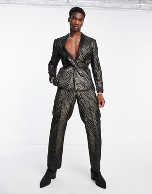 ASOS DESIGN suit in black and gold jacquard leaf pattern