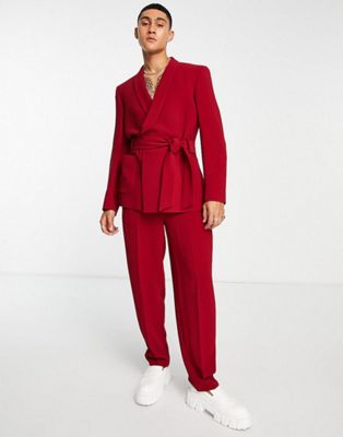 ASOS DESIGN oversized tapered drawcord waist suit trousers is red twill