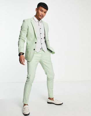 ASOS DESIGN summer wedding suit in green linen mix with ice grey waistcoat