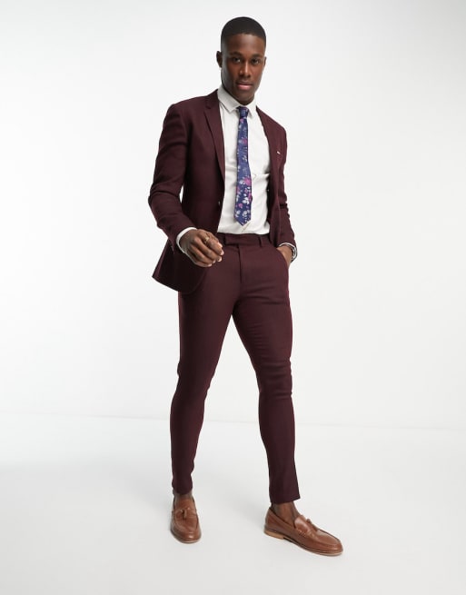 ASOS DESIGN - Super skinny-jakkesæt med sildebensmønster i bordeaux uldblanding