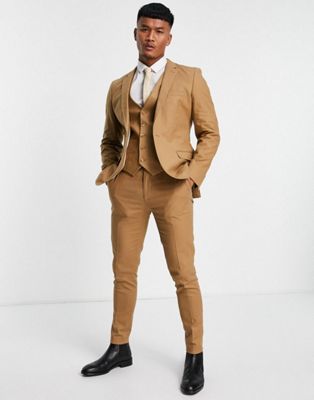 ASOS DESIGN super skinny linen mix suit waistcoat in tobacco
