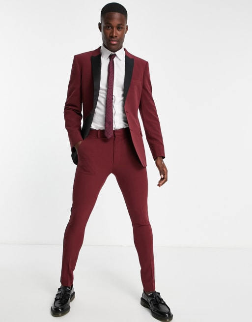 ASOS DESIGN - Super skinny smoking in bordeauxrood met zwarte revers