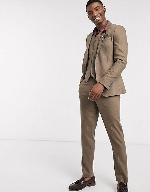 ASOS DESIGN - Super skinny suit i kamelfarvet sildebensmønstret uldblanding