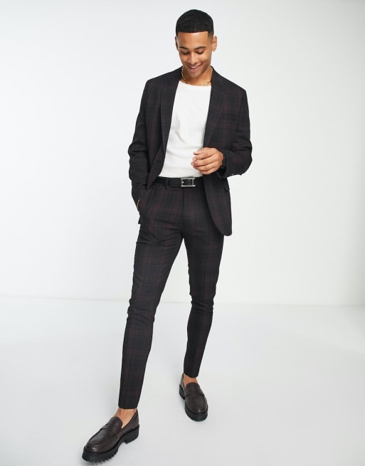 ASOS DESIGN super skinny suit in burgundy and black tartan