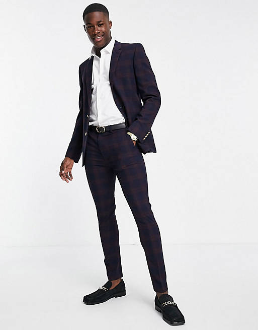 ASOS DESIGN super skinny suit in burgundy mid scale check with gold button