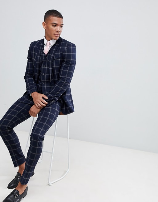 ASOS DESIGN super skinny suit in large scale navy windowpane check