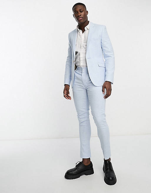 ASOS DESIGN super skinny suit in linen in puppytooth check in blue | ASOS