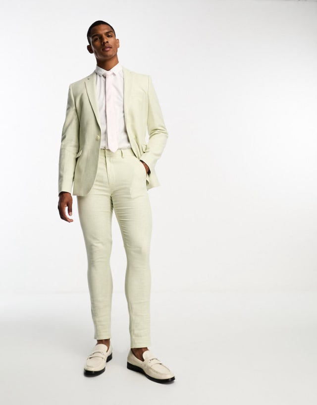 ASOS DESIGN - super skinny suit in linen in puppytooth check in green