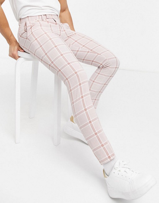 ASOS DESIGN super skinny suit in pink slubby cotton check