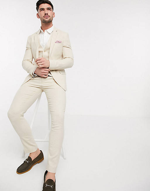 ASOS DESIGN super skinny suit in stretch cotton linen in stone ...