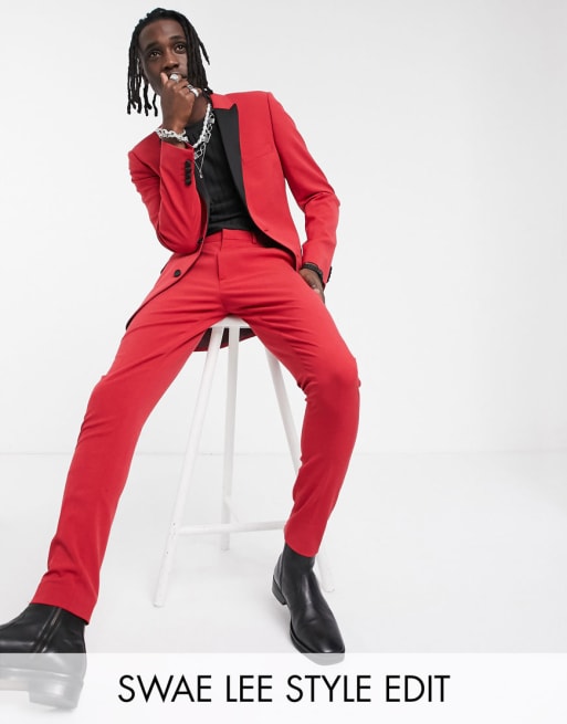 ASOS DESIGN super skinny tuxedo jacket with velvet in red - ShopStyle Suits