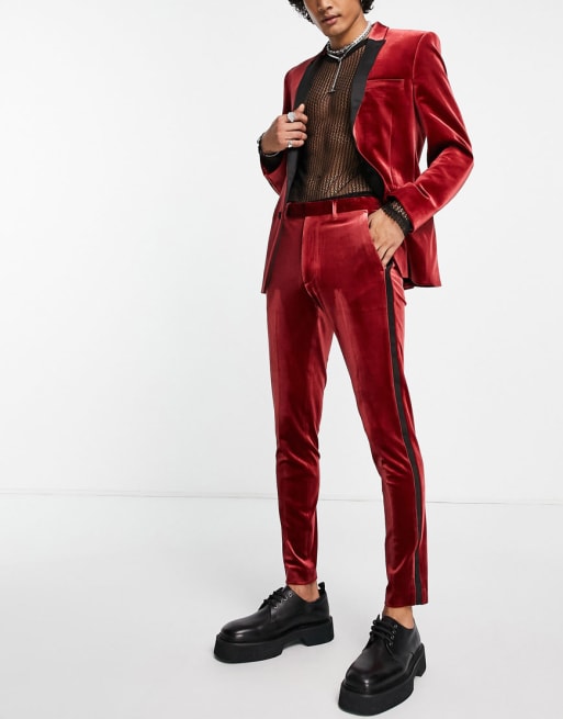 ASOS DESIGN skinny tuxedo blazer in red velvet