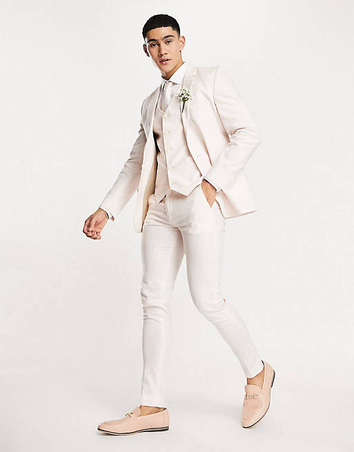 ASOS DESIGN super skinny wedding suit in cotton linen pale pink prince of wales check
