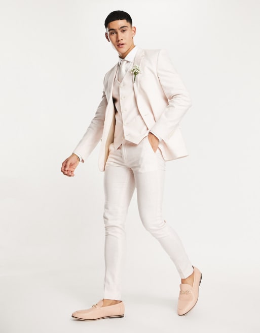 ASOS DESIGN super skinny wedding suit in linen mix pale pink pow check