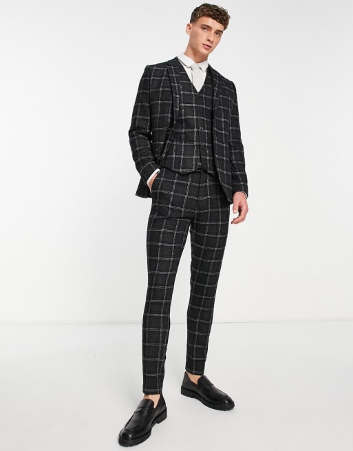 Asos Design Super Skinny Wool Mix Suit In Black And Charcoal Windowpane Check Asos 4223