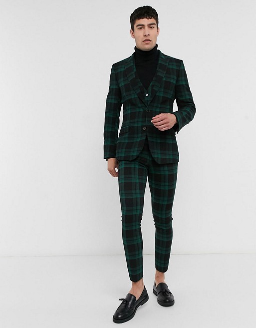 ASOS DESIGN super skinny wool mix suit jacket in green tartan