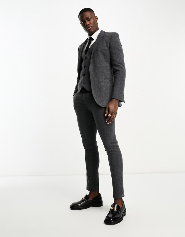 ASOS DESIGN - super skinny wool mix suit in herringbone in charcoal