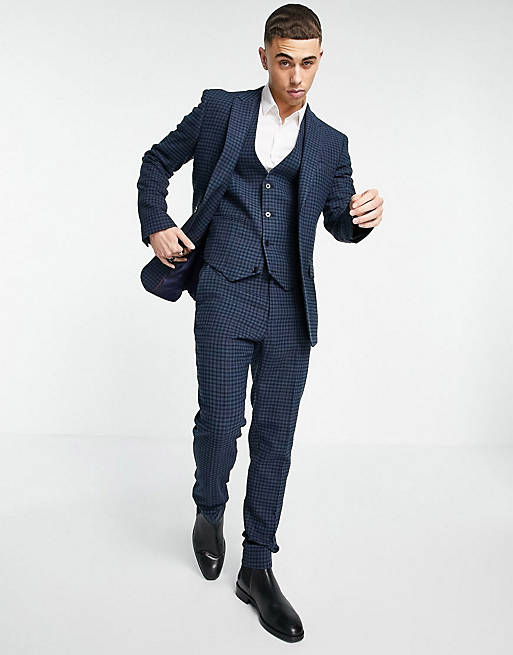 ASOS DESIGN super skinny wool mix suit with multi grid check in navy