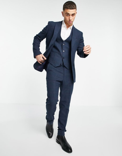 ASOS DESIGN super skinny wool mix suit with multi grid check in navy