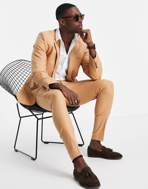 ASOS DESIGN – Supereng geschnittener Anzug aus Leinenmix in Hellbraun