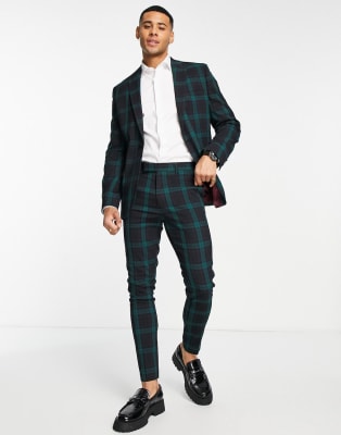 ASOS DESIGN – Supereng geschnittener Anzug mit Schottenkaro in Dunkelgrün und Schwarz
