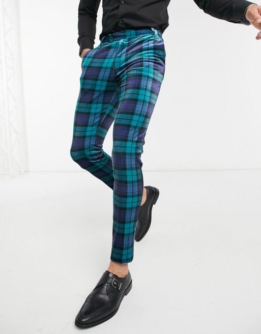 ASOS DESIGN – Supereng geschnittener Smoking aus kariertem Samt in Schwarz