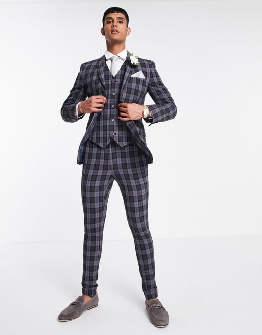 ASOS DESIGN - Superskinny pak met Oxford ruit in antraciet